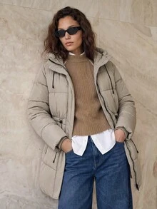Aveloria Modichic Fashionable Casual Adjustable Waist Quilted Mid-Length Hooded Padded Padded Coat Clothes Winter For Women  Fall Cloth For Women - Khaki - View 3
