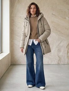 Aveloria Modichic Fashionable Casual Adjustable Waist Quilted Mid-Length Hooded Padded Padded Coat Clothes Winter For Women  Fall Cloth For Women - Khaki - View 5