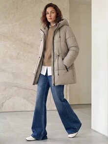 Aveloria Modichic Fashionable Casual Adjustable Waist Quilted Mid-Length Hooded Padded Padded Coat Clothes Winter For Women  Fall Cloth For Women - Khaki - View 6