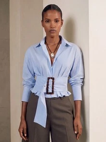 Aveloria Modichic CommuteDesignPleated Waist Slimming Exaggerated Day Buckle Short French Petal Sleeve Contrast Stripe - Multicolor - View 3
