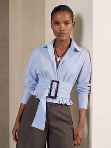 Aveloria Modichic CommuteDesignPleated Waist Slimming Exaggerated Day Buckle Short French Petal Sleeve Contrast Stripe - Multicolor - View 6