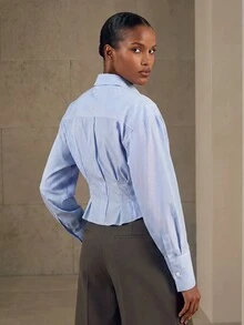 Aveloria Modichic CommuteDesignPleated Waist Slimming Exaggerated Day Buckle Short French Petal Sleeve Contrast Stripe - Multicolor - View 2
