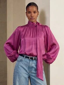 Aveloria Modichic Solid Color Tie Neck Lantern Sleeve Blouse Holiday Party Clothes Button Up Shirt Women ,Long Sleeve Tops Fall Cloth For Women - Burgundy - View 3