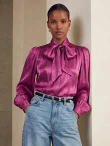 Aveloria Modichic Solid Color Tie Neck Lantern Sleeve Blouse Holiday Party Clothes Button Up Shirt Women ,Long Sleeve Tops Fall Cloth For Women - Burgundy - View 8