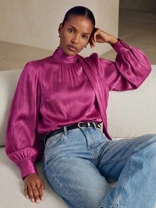 Aveloria Modichic Solid Color Tie Neck Lantern Sleeve Blouse Holiday Party Clothes Button Up Shirt Women ,Long Sleeve Tops Fall Cloth For Women - Burgundy - View 7