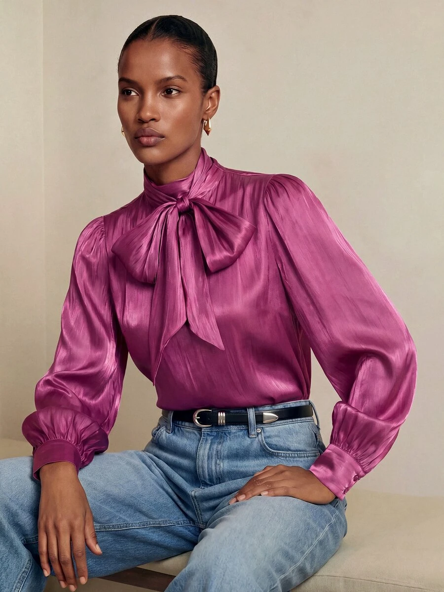 Aveloria Modichic Solid Color Tie Neck Lantern Sleeve Blouse Holiday Party Clothes Button Up Shirt Women ,Long Sleeve Tops Fall Cloth For Women