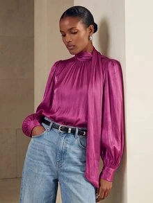 Aveloria Modichic Solid Color Tie Neck Lantern Sleeve Blouse Holiday Party Clothes Button Up Shirt Women ,Long Sleeve Tops Fall Cloth For Women - Burgundy - View 4