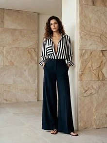 Aveloria Modichic Chic Office Stripe Asymmetrical Pocket Loose Blouse Button Up Shirt Women  Fall Cloth For Women - Black and White - View 6