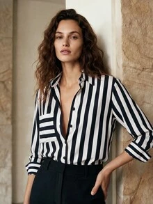 Aveloria Modichic Chic Office Stripe Asymmetrical Pocket Loose Blouse Button Up Shirt Women  Fall Cloth For Women - Black and White - View 1