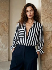 Aveloria Modichic Chic Office Stripe Asymmetrical Pocket Loose Blouse Button Up Shirt Women  Fall Cloth For Women - Black and White - View 3