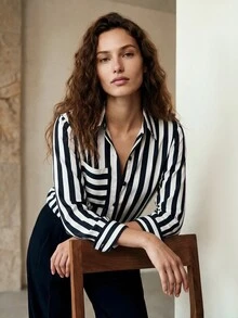Aveloria Modichic Chic Office Stripe Asymmetrical Pocket Loose Blouse Button Up Shirt Women  Fall Cloth For Women - Black and White - View 5