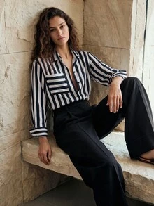 Aveloria Modichic Chic Office Stripe Asymmetrical Pocket Loose Blouse Button Up Shirt Women  Fall Cloth For Women - Black and White - View 4