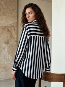 Aveloria Modichic Chic Office Stripe Asymmetrical Pocket Loose Blouse Button Up Shirt Women  Fall Cloth For Women - Black and White - View 2