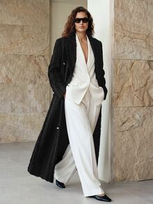 Aveloria Modichic Women's Oversized Elegant French Vintage Textured Black Gold Double Breasted Long Jacket Padded Shoulders Formal Winter Fall Work Dinner Office - Black - View 4