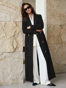 Aveloria Modichic Women's Oversized Elegant French Vintage Textured Black Gold Double Breasted Long Jacket Padded Shoulders Formal Winter Fall Work Dinner Office - Black - View 8