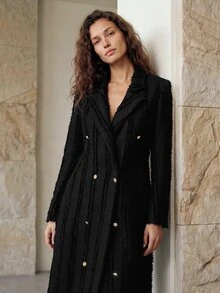 Aveloria Modichic Women's Oversized Elegant French Vintage Textured Black Gold Double Breasted Long Jacket Padded Shoulders Formal Winter Fall Work Dinner Office - Black - View 6