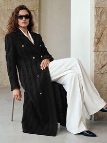 Aveloria Modichic Women's Oversized Elegant French Vintage Textured Black Gold Double Breasted Long Jacket Padded Shoulders Formal Winter Fall Work Dinner Office - Black - View 5