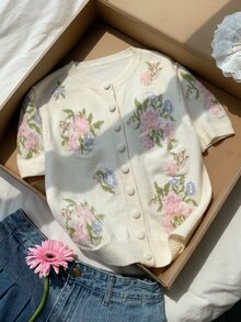 Comfortcana 女款花卉印花單排扣休閒百搭日常開襟衫，秋季返校外出穿搭上衣 - 彩色 - 查看 9