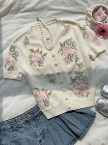 Comfortcana 女款花卉印花單排扣休閒百搭日常開襟衫，秋季返校外出穿搭上衣 - 彩色 - 查看 8