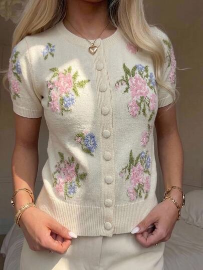 Comfortcana Women's Floral Print Single-Breasted Casual Versatile Daily Wear Cardigan Autumn Back To School Going Out Top Going Out  Floral