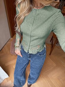 Serisse 女款純色長袖對比蕾絲單排扣修身T恤 - 薄荷綠 - 查看 4