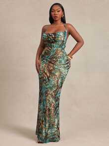 Radiana Curve Plus Size Summer Fashion Sexy Animal Print Backless Spaghetti Strap Dress - Green - View 6