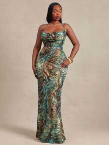 Radiana Curve Plus Size Summer Fashion Sexy Animal Print Backless Spaghetti Strap Dress - Green - View 5