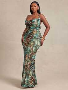 Radiana Curve Plus Size Summer Fashion Sexy Animal Print Backless Spaghetti Strap Dress - Green - View 7
