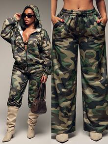 Radiana Women's Autumn New American Vintage Street Style Camouflage Sweatpants, Street Casual Low Waist Wide Leg Pants, Versatile Loose Extra Long Pants, Loungewear, Casual Sportswear, All-Match Versatile, Daily Casual Outings, Shopping, Music Festival, - Army Green - View 1