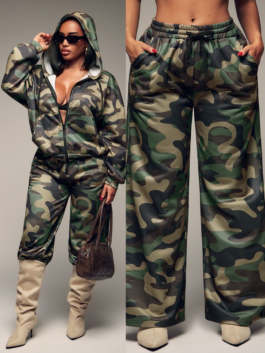 Radiana Women's Autumn New American Vintage Street Style Camouflage Sweatpants, Street Casual Low Waist Wide Leg Pants, Versatile Loose Extra Long Pants, Loungewear, Casual Sportswear, All-Match Versatile, Daily Casual Outings, Shopping, Music Festival, - Army Green - View 1