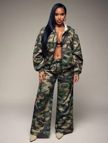 Radiana Women's Autumn New American Vintage Street Style Camouflage Sweatpants, Street Casual Low Waist Wide Leg Pants, Versatile Loose Extra Long Pants, Loungewear, Casual Sportswear, All-Match Versatile, Daily Casual Outings, Shopping, Music Festival, - Army Green - View 8