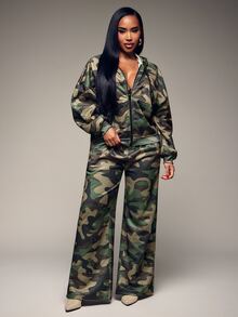 Radiana Women's Autumn New American Vintage Street Style Camouflage Sweatpants, Street Casual Low Waist Wide Leg Pants, Versatile Loose Extra Long Pants, Loungewear, Casual Sportswear, All-Match Versatile, Daily Casual Outings, Shopping, Music Festival, - Army Green - View 7