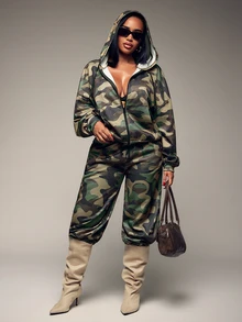 Radiana Women's Autumn New American Vintage Street Style Camouflage Sweatpants, Street Casual Low Waist Wide Leg Pants, Versatile Loose Extra Long Pants, Loungewear, Casual Sportswear, All-Match Versatile, Daily Casual Outings, Shopping, Music Festival, - Army Green - View 6