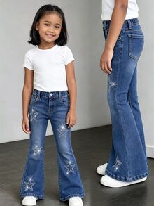 SHEIN 女童 Y2K 牛仔西部女牛仔復古水鑽星星印花彈性腰高彈力喇叭褲腿柔軟牛仔褲 秋季藍色 母女套裝 - 深色水洗藍 - 查看 9