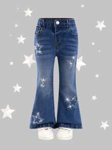 SHEIN 女童 Y2K 牛仔西部女牛仔復古水鑽星星印花彈性腰高彈力喇叭褲腿柔軟牛仔褲 秋季藍色 母女套裝 - 深色水洗藍 - 查看 2
