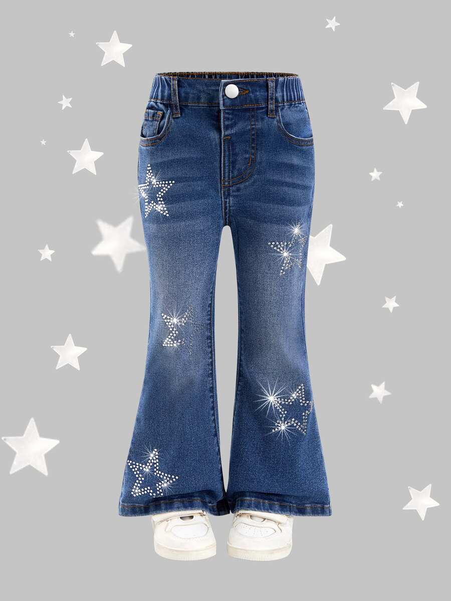 SHEIN 女童 Y2K 牛仔西部女牛仔復古水鑽星星印花彈性腰高彈力喇叭褲腿柔軟牛仔褲 秋季藍色 母女套裝