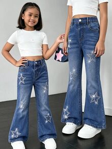 SHEIN 女童 Y2K 牛仔西部女牛仔復古水鑽星星印花彈性腰高彈力喇叭褲腿柔軟牛仔褲 秋季藍色 母女套裝 - 深色水洗藍 - 查看 4