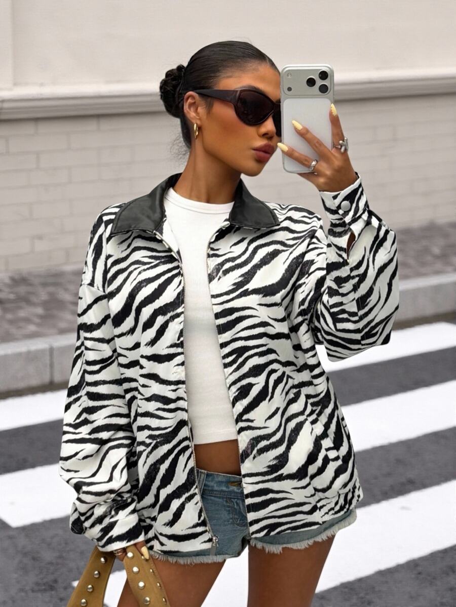 Muchica Women's Loose-Fit Long-Sleeve Zip-Up Grunge Street Wear Rock Jacket Woven Zebra Print PU Collar Pockets Night Out Black And White Autumn - Black and White - View 1