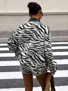 Muchica Women's Loose-Fit Long-Sleeve Zip-Up Grunge Street Wear Rock Jacket Woven Zebra Print PU Collar Pockets Night Out Black And White Autumn - Black and White - View 2