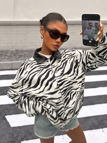 Muchica Women's Loose-Fit Long-Sleeve Zip-Up Grunge Street Wear Rock Jacket Woven Zebra Print PU Collar Pockets Night Out Black And White Autumn - Black and White - View 4