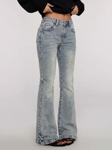 Teen Girl Retro Blue Elasticated Comfortable Tight Bootcut Jeans For Black To School - Blue - View 1