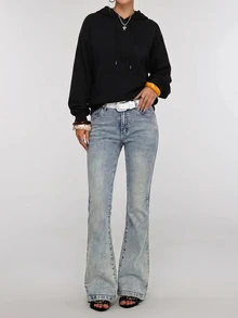 Teen Girl Retro Blue Elasticated Comfortable Tight Bootcut Jeans For Black To School - Blue - View 3