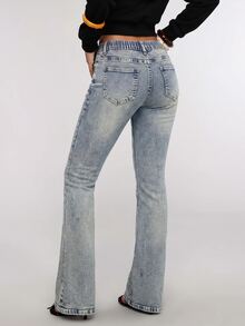 Teen Girl Retro Blue Elasticated Comfortable Tight Bootcut Jeans For Black To School - Blue - View 8