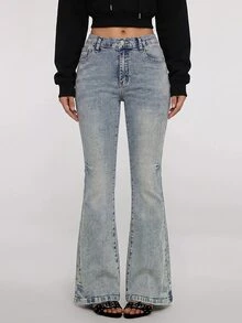 Teen Girl Retro Blue Elasticated Comfortable Tight Bootcut Jeans For Black To School - Blue - View 7