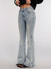Teen Girl Retro Blue Elasticated Comfortable Tight Bootcut Jeans For Black To School - Blue - View 6