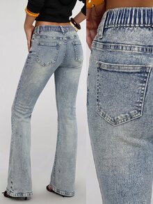 Teen Girl Retro Blue Elasticated Comfortable Tight Bootcut Jeans For Black To School - Blue - View 4