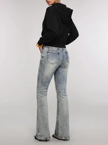 Teen Girl Retro Blue Elasticated Comfortable Tight Bootcut Jeans For Black To School - Blue - View 2