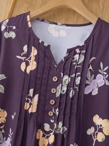 Rusticease 女款優雅花卉印花鈕扣百褶襯衫，適合教師節、新郎母親、約會穿著，柔黃色夏季款 - 紫色 - 查看 4