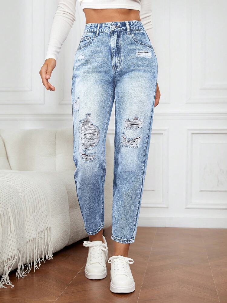 EMERY ROSE Women's Front Button Pocket Distressed Simple Casual Denim Jeans - Light Wash - View 6