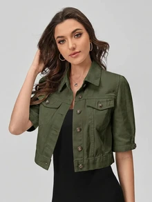 SHEIN EZwear 女款短袖單排扣休閒牛仔夾克 - 綠色 - 查看 7